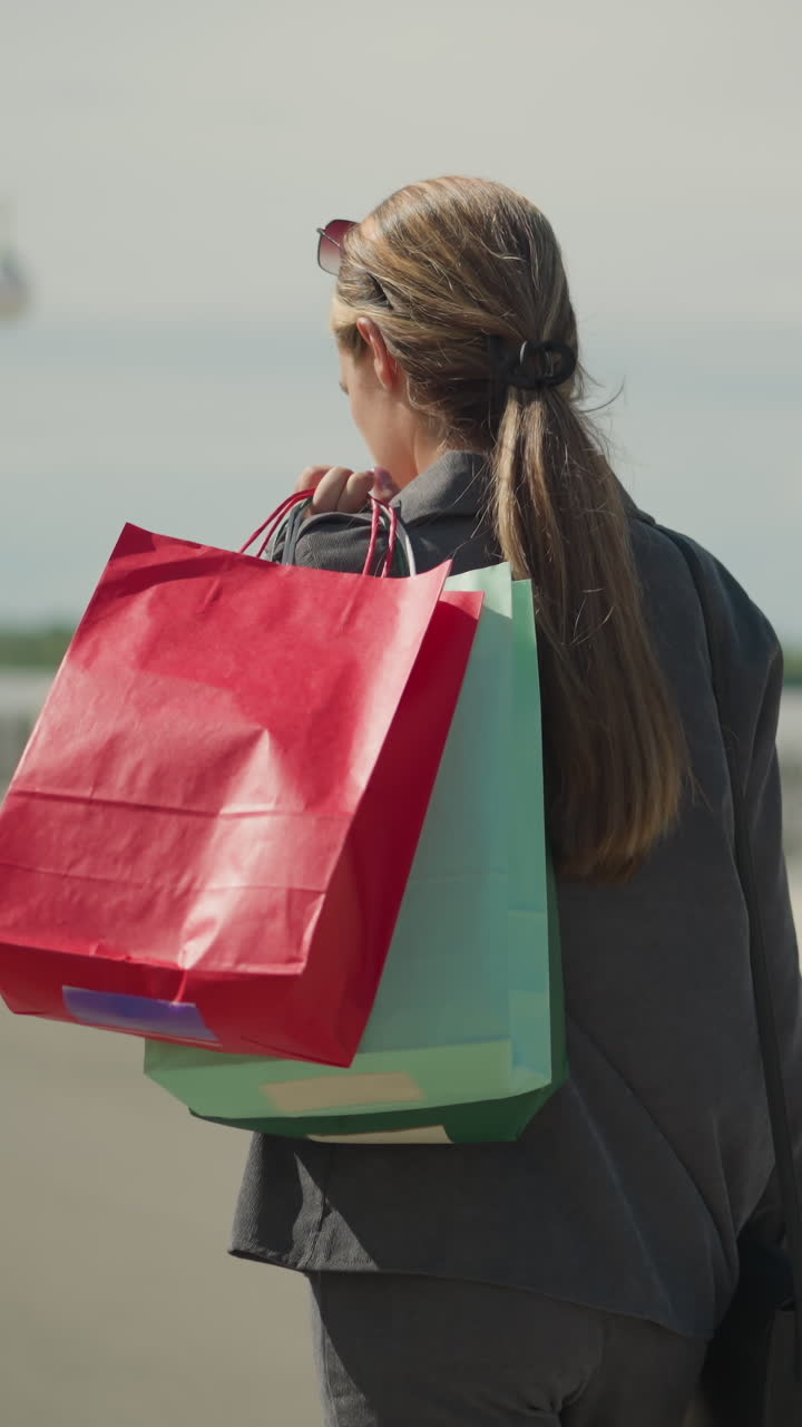 vista trasera de la dama caminando con bolsas de compras coloridas y bolso de mano negro, caminando con personas caminando hacia ella en el fondo borroso, una persona balanceando su bolso de la mano a la mano