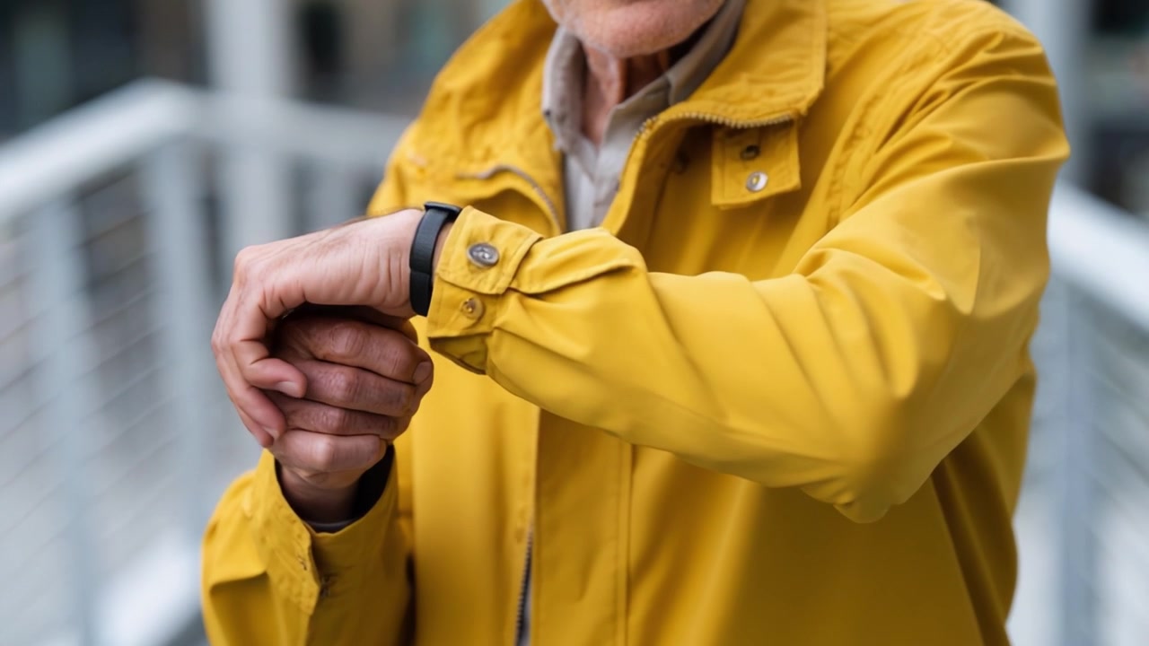 Um homem idoso de jaqueta amarela ajusta seu smartwatch enquanto está ao ar livre, exibindo uma mistura de estilo e tecnologia moderna em um ambiente vibrante.
