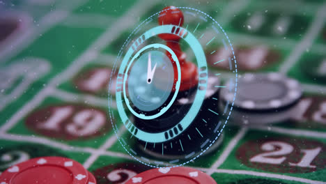 Animation-of-clock-with-turning-hands,-over-poker-chips-stacked-on-gambling-table