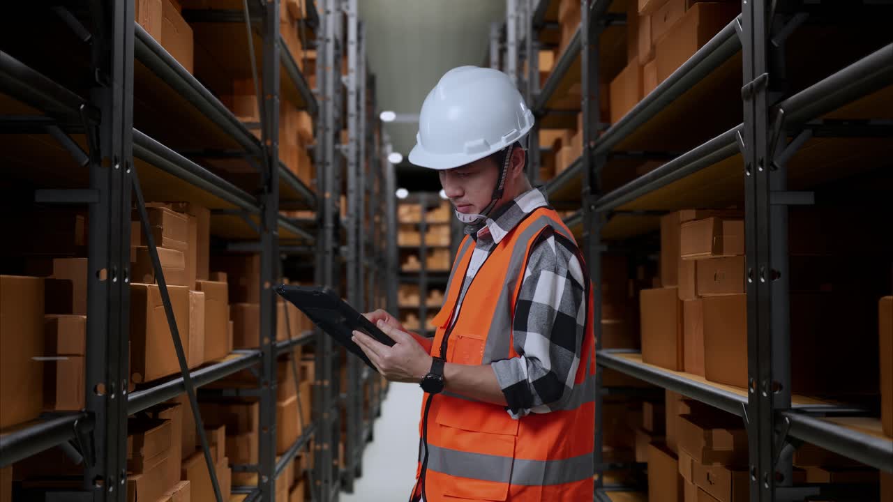 trabajador de almacén que utiliza una tableta