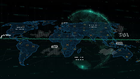 animation of digital world map with data points and network connections on globe