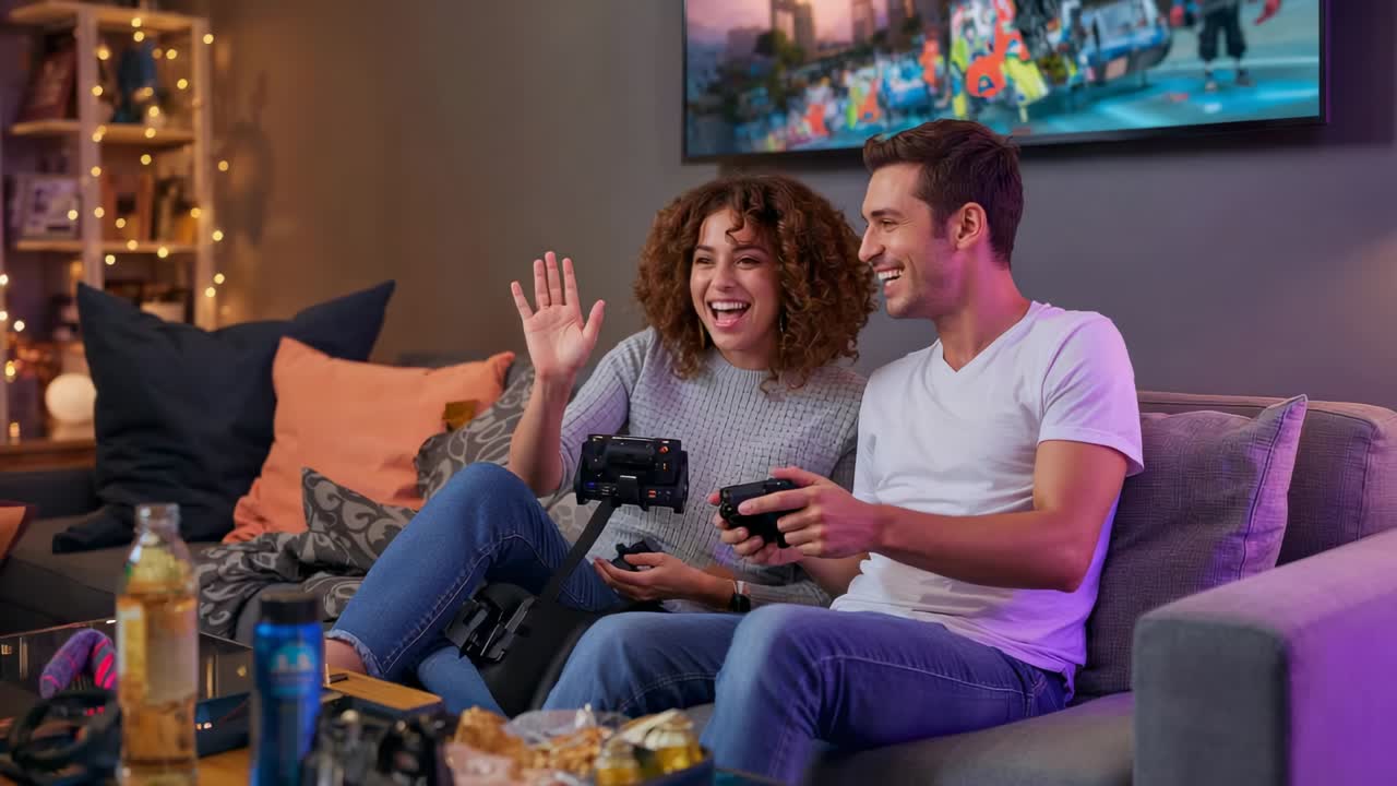 Mujer saludando con un suéter gris y su pareja sujetando mandos en el sofá de casa, jugando a un juego