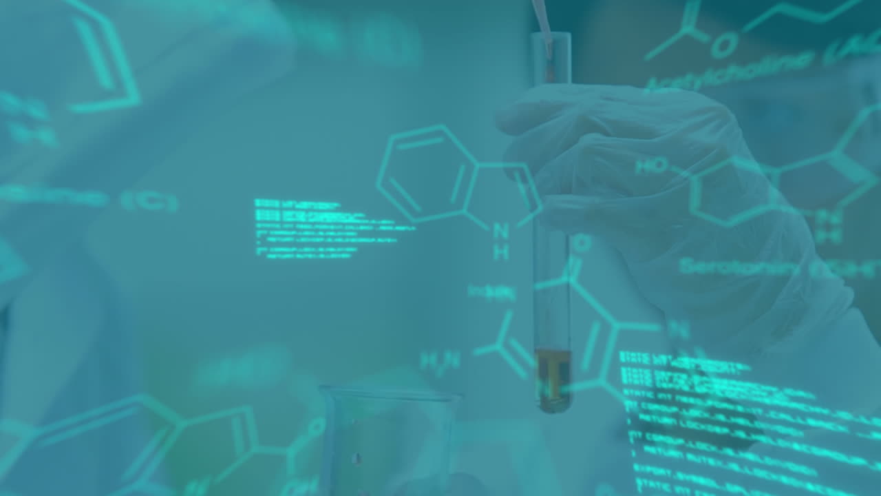 animación del procesamiento de datos contra la sección media de científicos masculinos y femeninos que trabajan en el laboratorio.