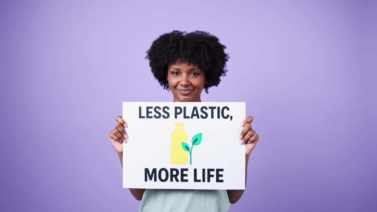 Donna nera sorridente che tiene un cartello ambientalista con la scritta 'Meno plastica, più vita'.