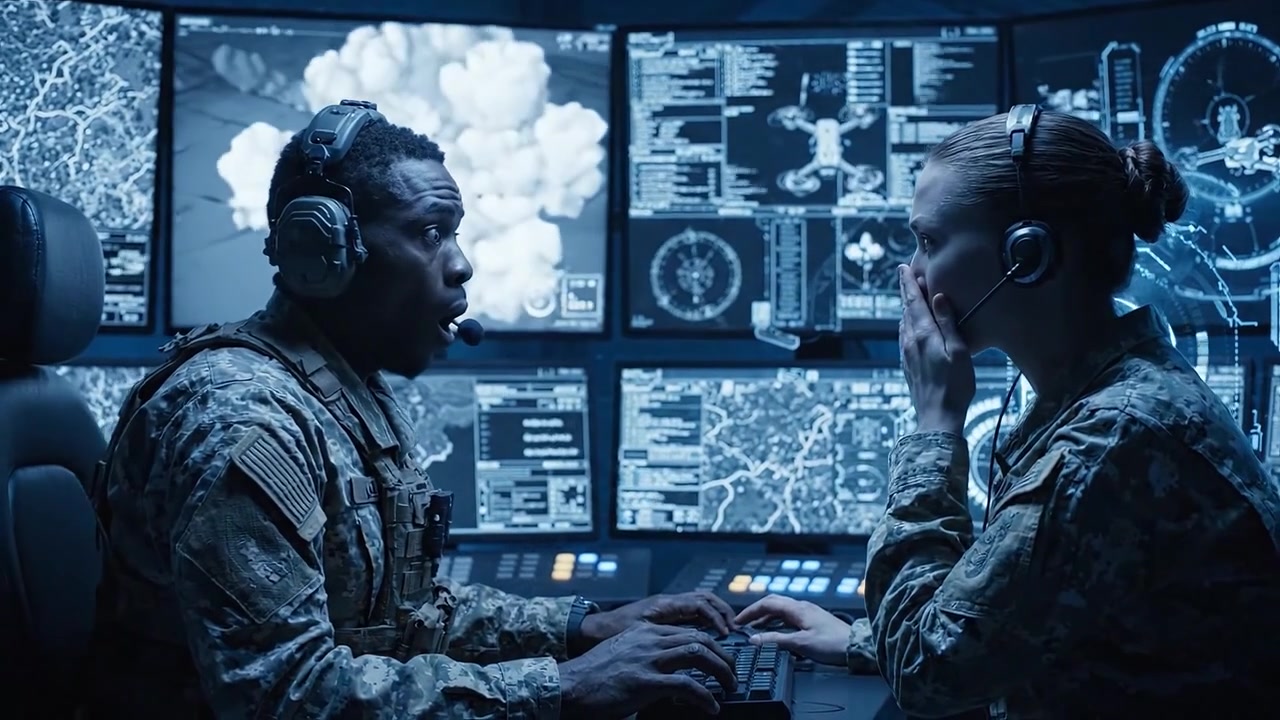 Military Personnel Engaged in High-Tech Operations, Analyzing Data on Multiple Screens in a Modern Command Center Setting