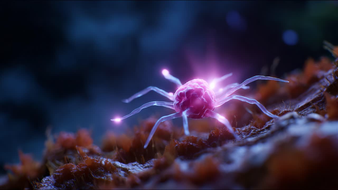 Una creatura bioluminescente ipnotica con tratti rosa vivaci e delicate appendici traslucide striscia attraverso un ambiente forestale mistico e colorato