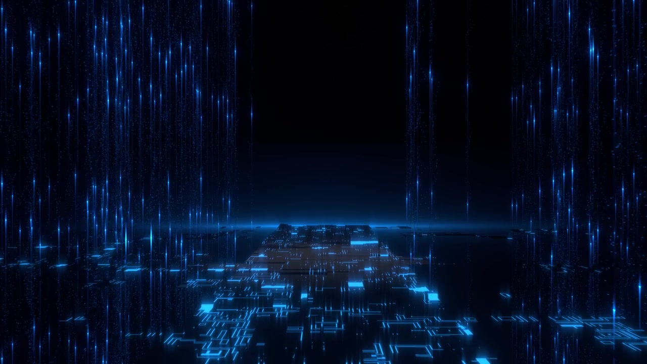 Sfondo astratto futuristico con flussi di dati digitali blu e circuito stampato