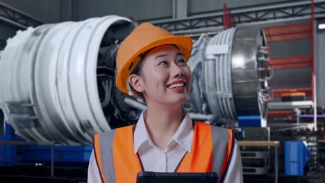 close up of asian female engineer with safety helmet looking at the tablet in her hand and looking around while standing with airplane engine maintenance conducted