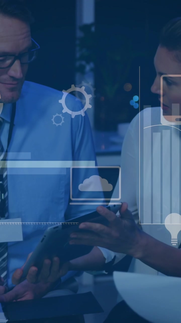 Animation of financial data processing over diverse business people in office