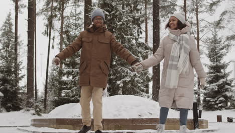 couple ice skating in a snowy park