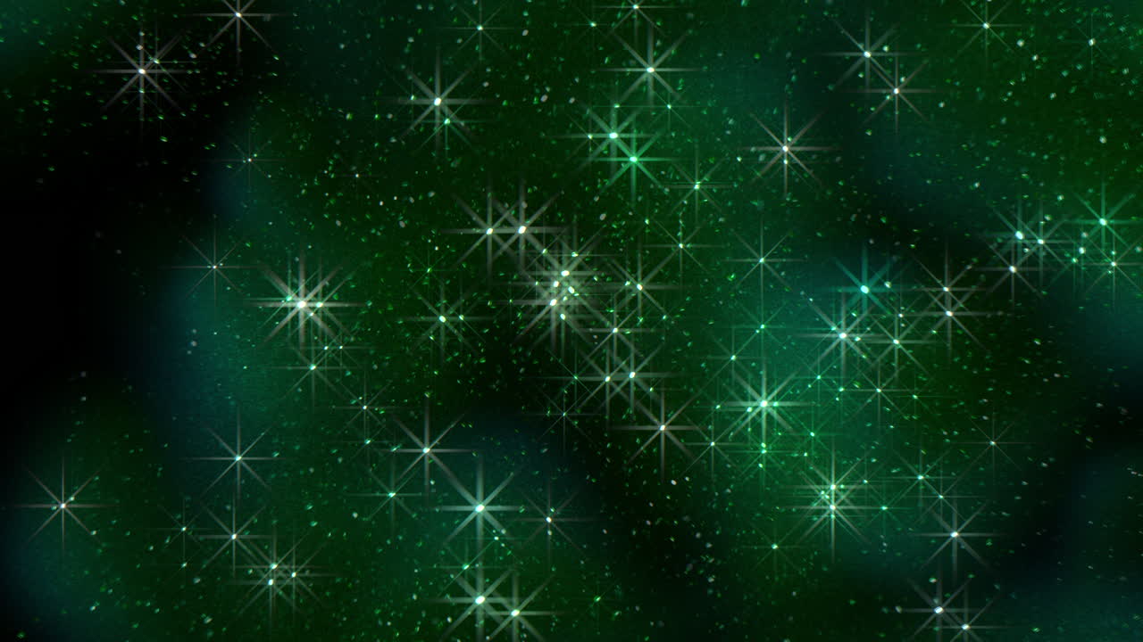 зеленые звездные поля и летят блестки и частицы в галактике