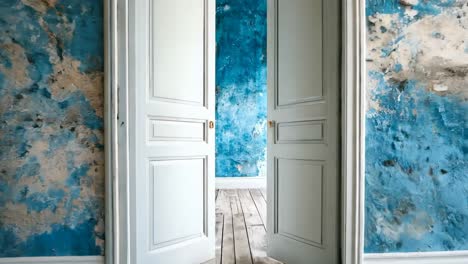 an open door in a room with blue walls and wooden floor