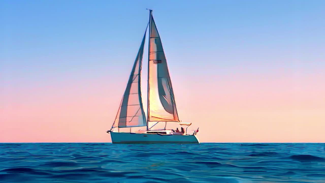 해가 지거나 해가 뜨는 때 항해하는 항해 보트의 만화 애니메이션