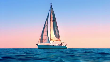 Cartoon-animation-of-sailing-sailboat-at-sunset-or-sunrise