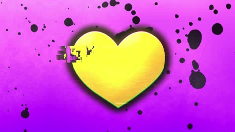 Animation-of-flickering-yellow-heart-with-pink-paint-smudges-on-purple-background