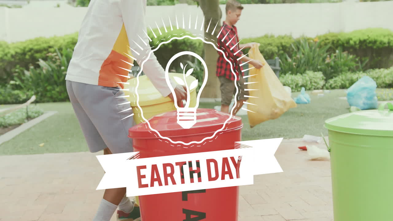 Recycling trash, people in park with Earth Day animation over light bulb icon
