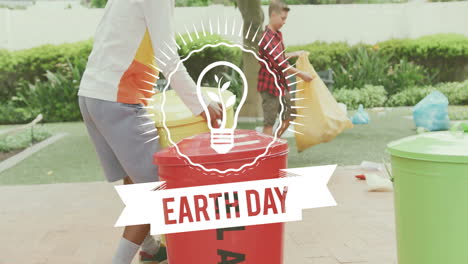 recycling trash, people in park with earth day animation over light bulb icon