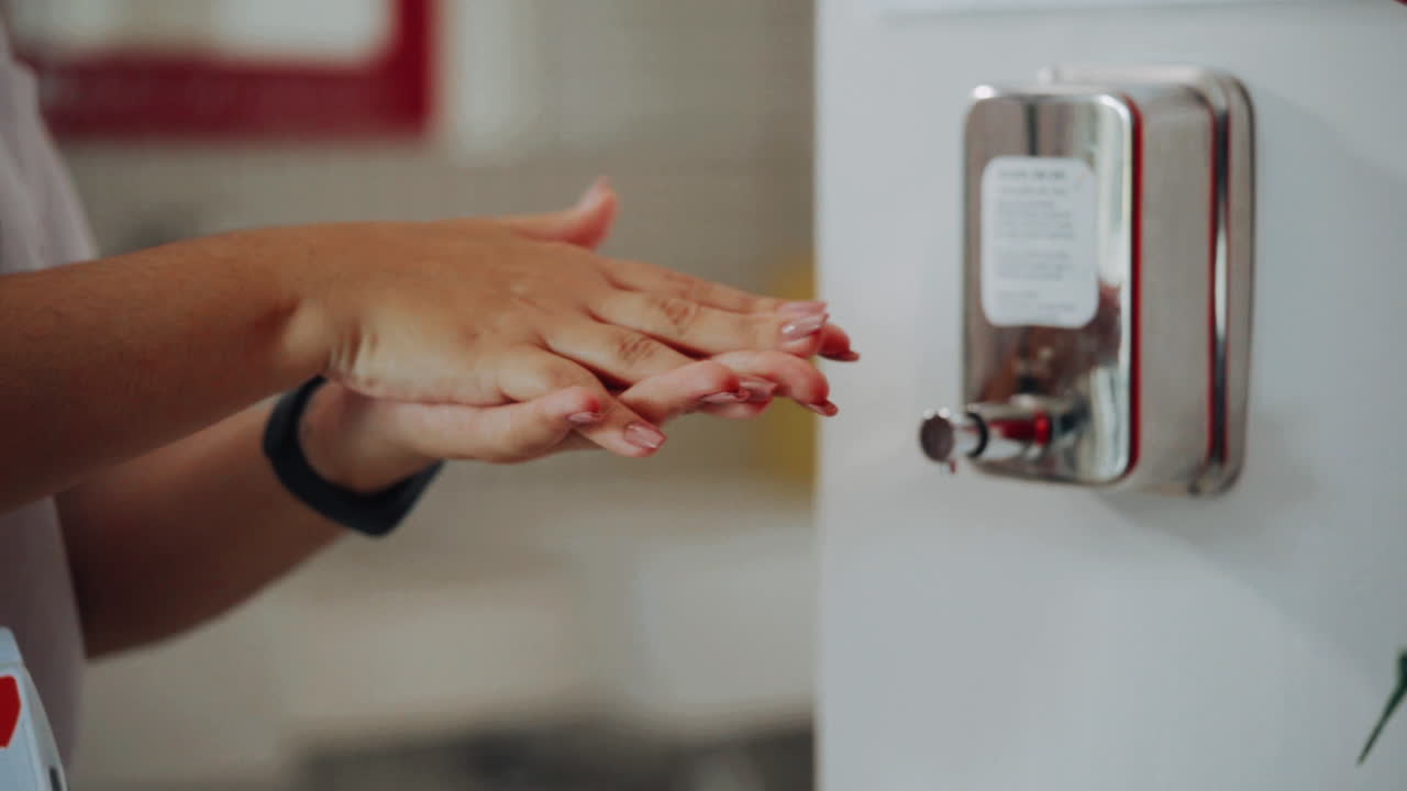 Detail of a female hand sanitizing her hands with gel alcohol in the workplace