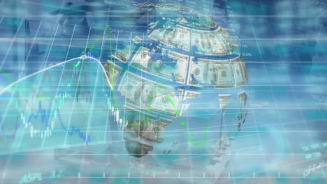 animación del procesamiento de datos financieros con un globo formado con dólares estadounidenses