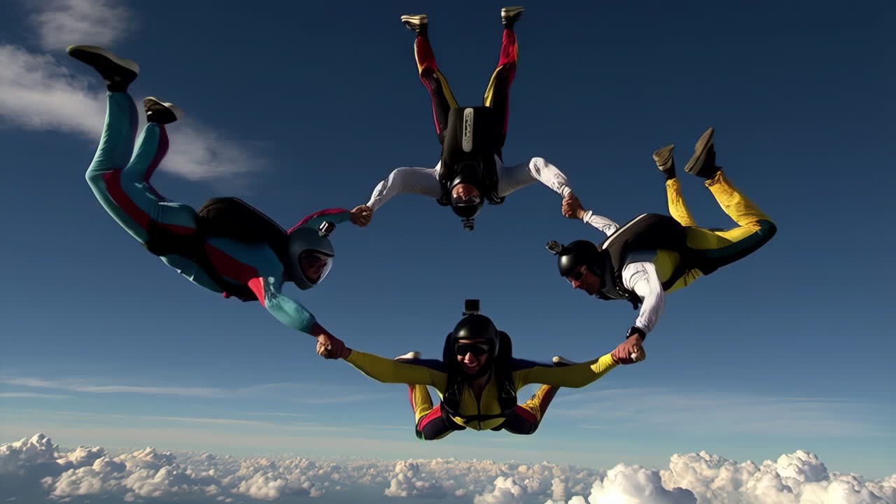 Four Skydivers Form a Circle in Freefall Above the Clouds