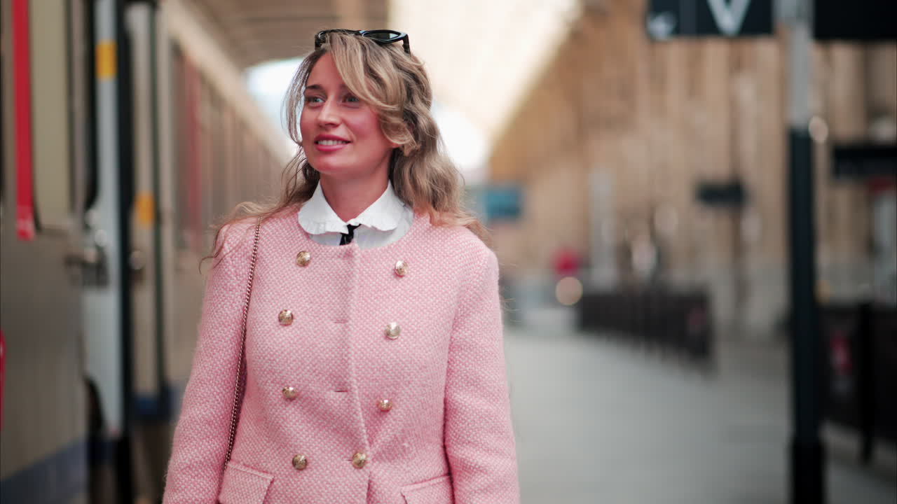 Woman in a pink blazer walking through the Nice train station in France