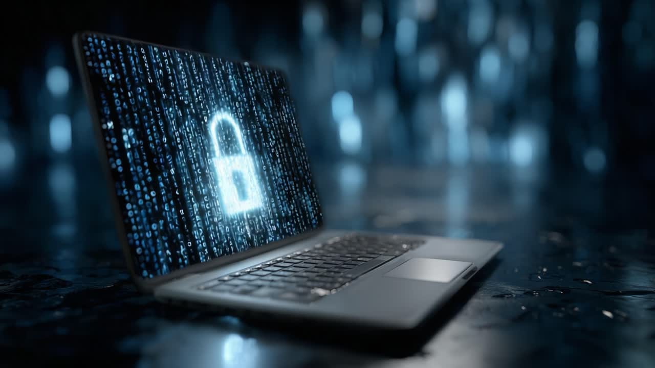 A Laptop Displaying a Digital Lock Symbol Over a Matrix of Binary Code Representing Data Security and Encryption in a High-Tech Environment