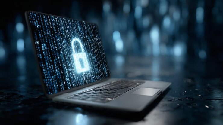 A Laptop Displaying a Digital Lock Symbol Over a Matrix of Binary Code Representing Data Security and Encryption in a High-Tech Environment