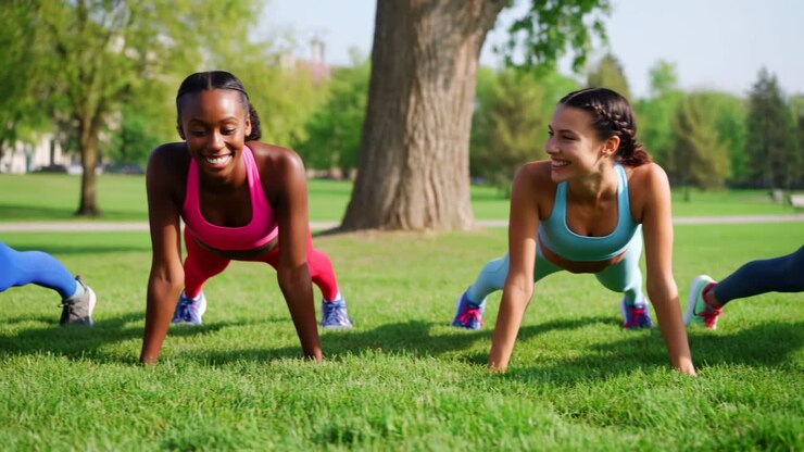 Diverse Group of Women Exercising Together in a Sunny Park