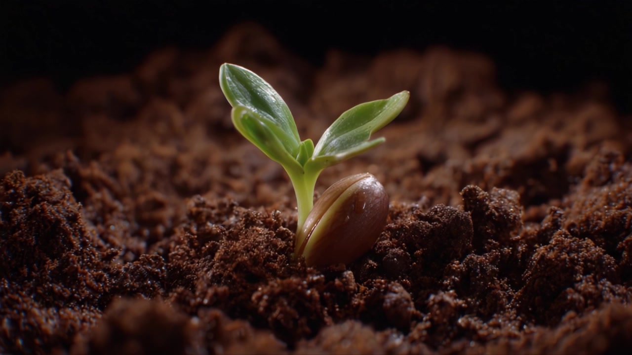 Una giovane piantina emerge da un terreno ricco, simboleggiando crescita e nuovi inizi nel ciclo della vita all'interno di un ambiente naturale.