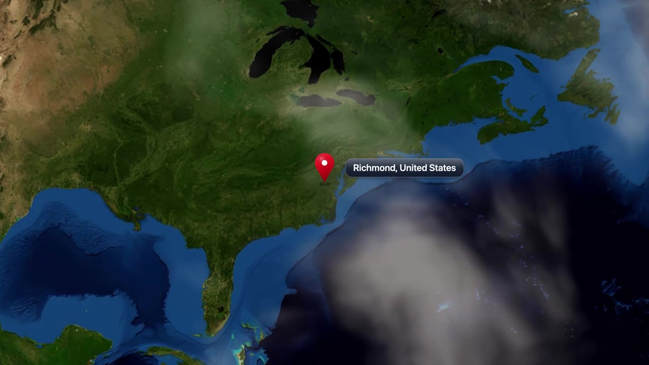 Satellite view zooms from outer space directly to Richmond, Virginia marked with a pin. Includes NASA public domain imagery.