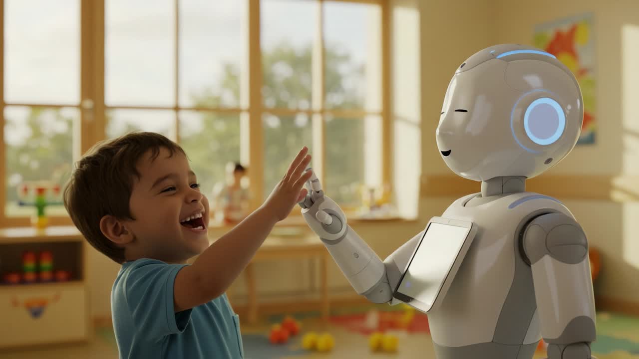 A Joyful Interaction Between a Child and a Robot Companion in a Bright Playroom Setting, Showcasing Technology's Role in Child Development and Learning Experiences