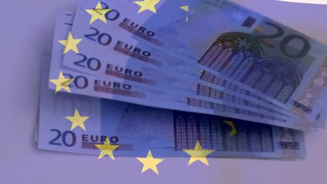 animation of flag of european union over euro currency banknotes