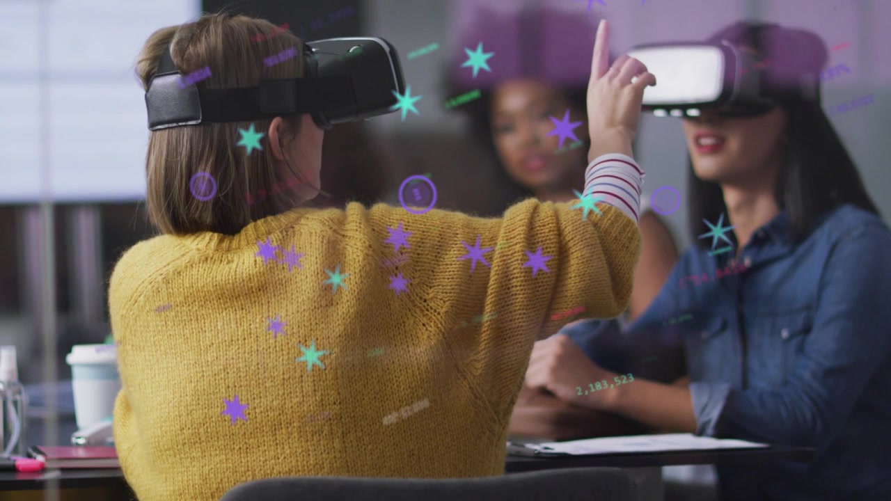 Woman in mustard sweater pointing, tapping VR UI, peer mirroring, stars shifting for tech demo