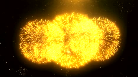 gran apertura tarjeta de felicitación texto revelar de fuegos artificiales dorados y galletas en brillo partículas mágicas brillantes chispas noche para la celebración, deseos, eventos, mensaje, vacaciones, festival