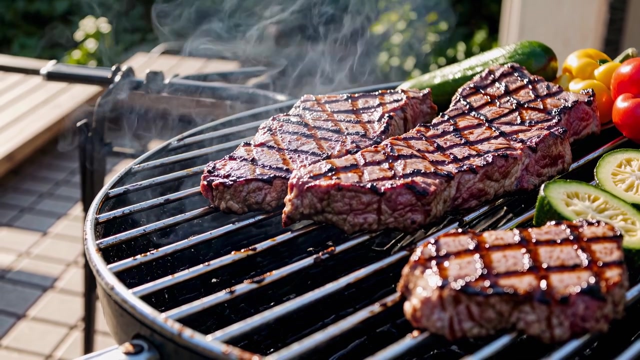 Deliziose bistecche alla griglia sul barbecue con fumo e verdure fresche