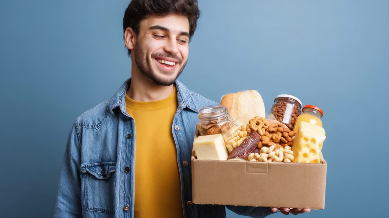 A Cheerful Young Man Joyfully Holding a Cardboard Box Filled with Varied Delicious Foods Including Snacks, Breads, and Jars Against a Solid Blue Background