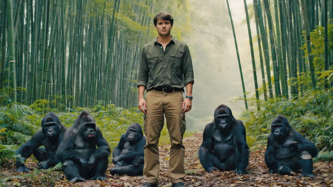Man with Gorillas in a Bamboo Forest