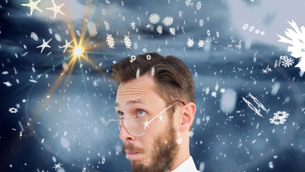 겨울 풍경 위에 백인 남성 괴짜의 애니메이션