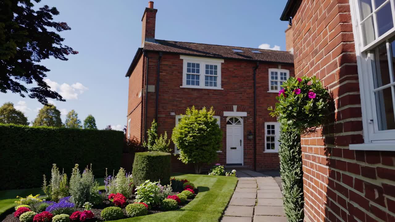 The video begins with a traditional English brick house with white door and windows