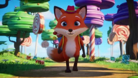 a cheerful animated fox character strolls through a vibrant candy-themed landscape filled with colorful trees and sweet treats, showcasing a whimsical and playful environment