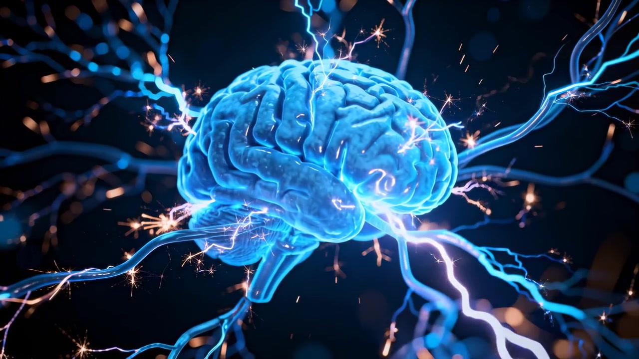 Pulserende neon 3D-hjerne reagerer på en lynbue i et mørkt rum med ledninger, der udsender elektriske buer.