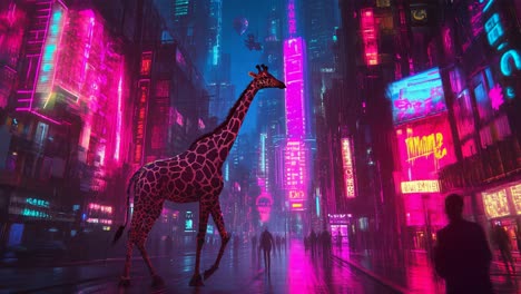 giraffe in a neon cyberpunk city