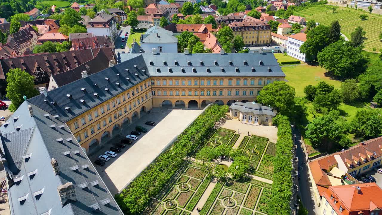 4K Aerial Drone Video of the Rose Garden of the Historic Neue Residenz Palace in Bamberg, Germany