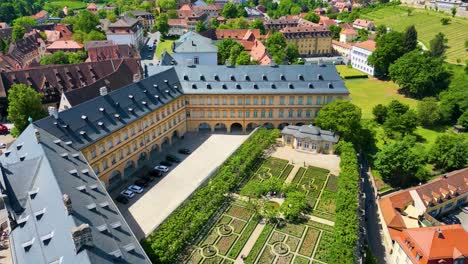 4k aerial drone video of the rose garden of the historic neue residenz palace in bamberg, germany