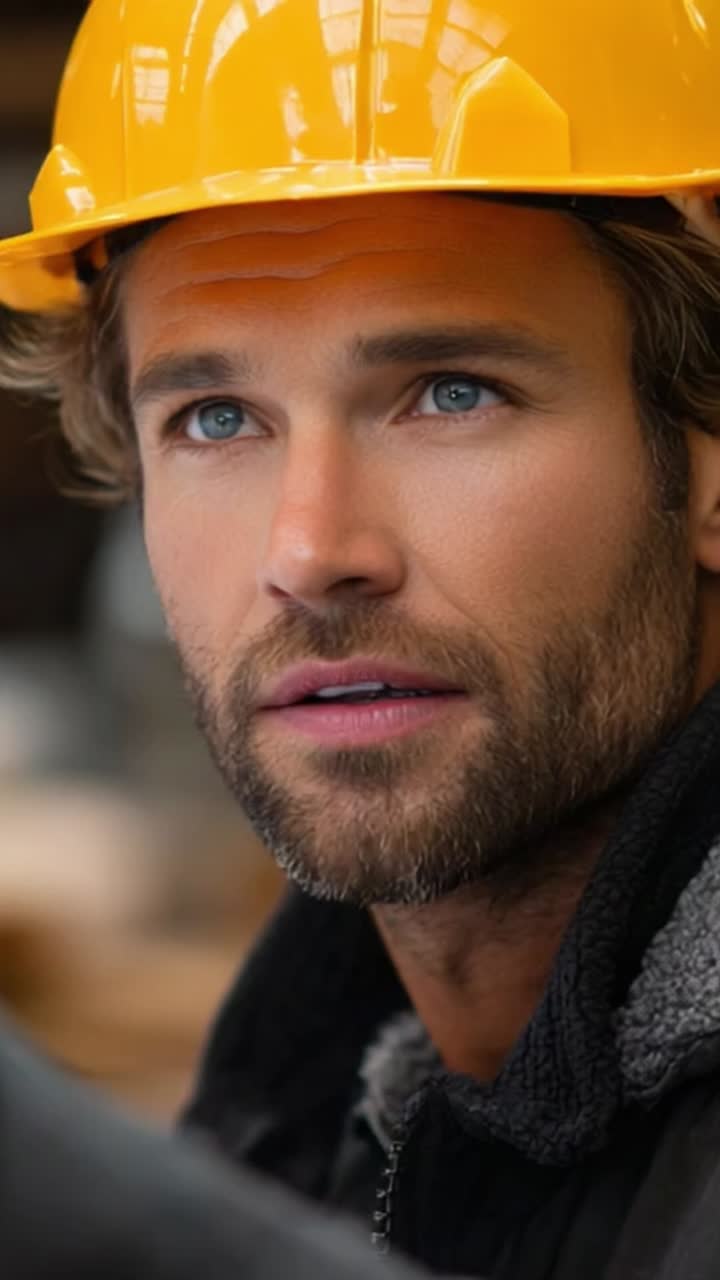 Portrait of a Construction Worker Wearing a Yellow Hard Hat, Capturing the Determination and Focus in His Expression in a Busy Work Environment