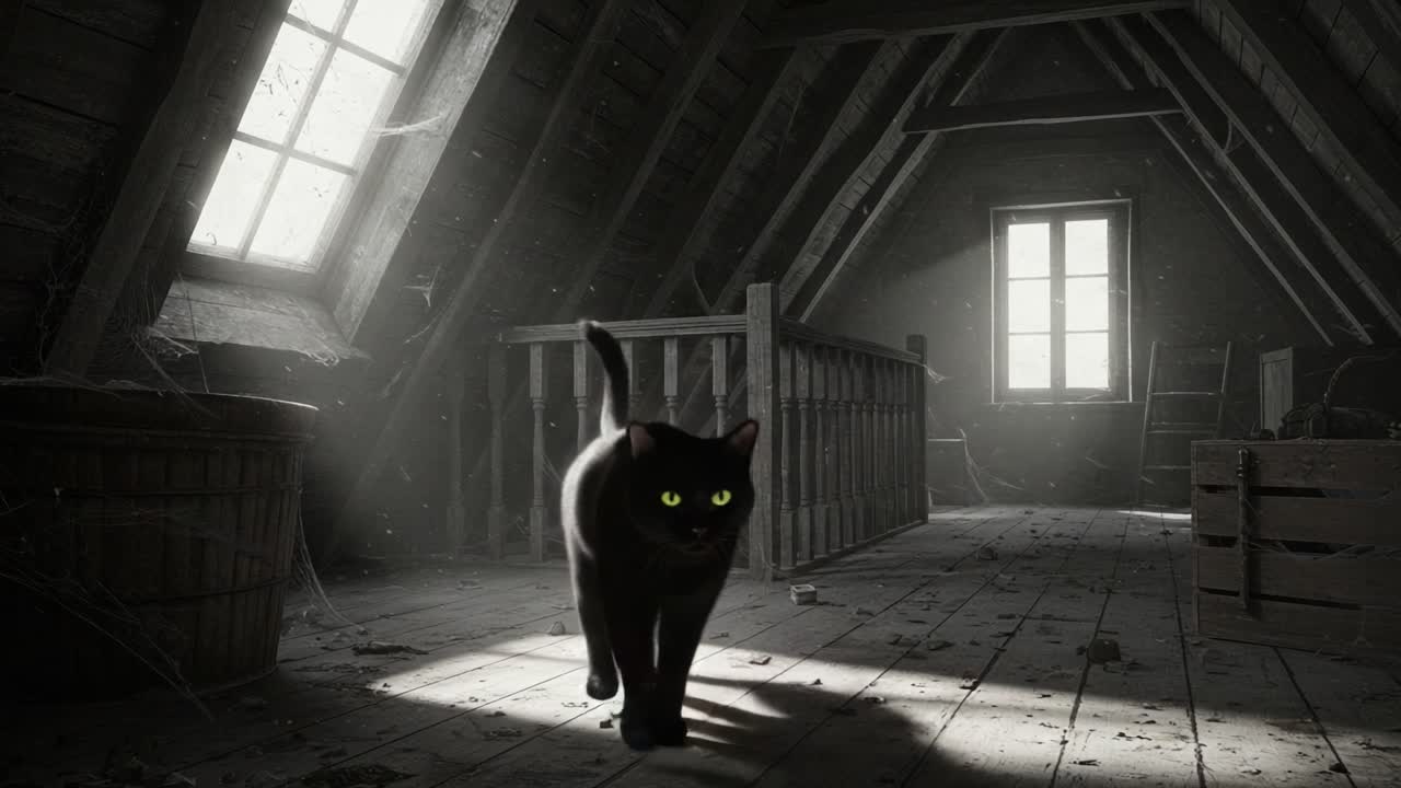 An Enigmatic Black Cat Strolls Through a Dimly Lit Attic, Illuminated by Sunlight Streaming Through Windows, Creating a Mystical Atmosphere in a Dusty, Forgotten Space