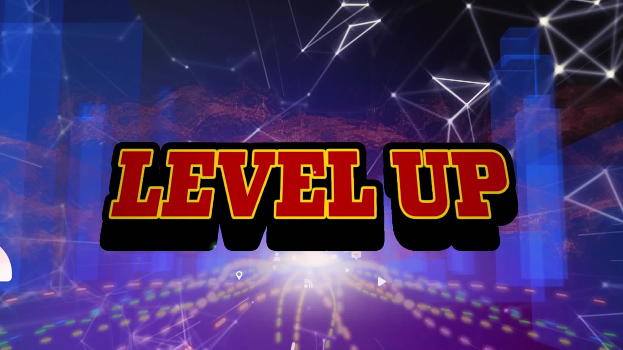 Animation of level up text banner over network of connections and 3d city model