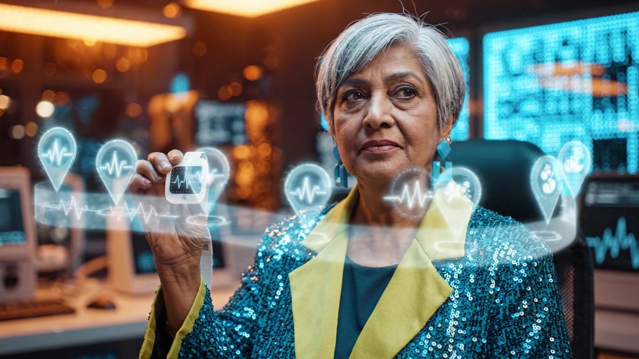 An innovative researcher in a high-tech lab explores health monitoring solutions while showcasing advanced biometric technology in a cutting-edge digital environment.