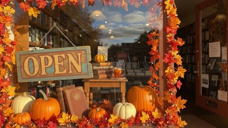 Charming Autumn Bookstore Window Display Featuring Vibrant Pumpkins and Colorful Leaves, Signifying Welcoming Atmosphere for Cozy Reading Experience