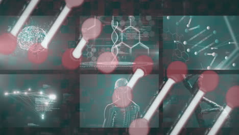 animación de la hélice de adn girando sobre pantallas digitales con estructuras médicas